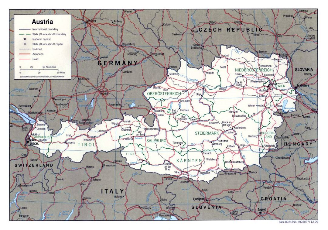 Mapa político y administrativo grande de Austria con las carreteras y ciudades - 1999