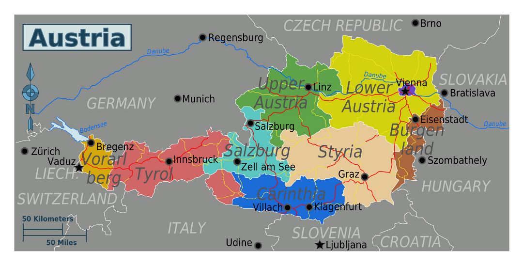 Regiones Mapa grande de Austria