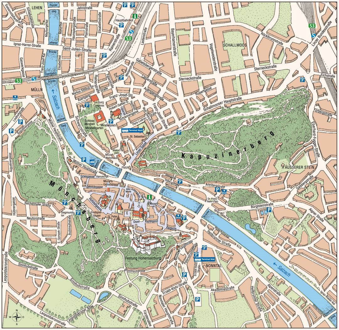 Gran mapa turístico del centro de la ciudad de Salzburgo