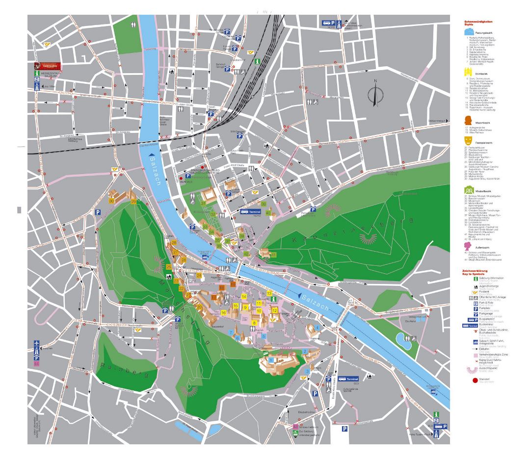 Mapa turístico detallada de la ciudad de Salzburgo