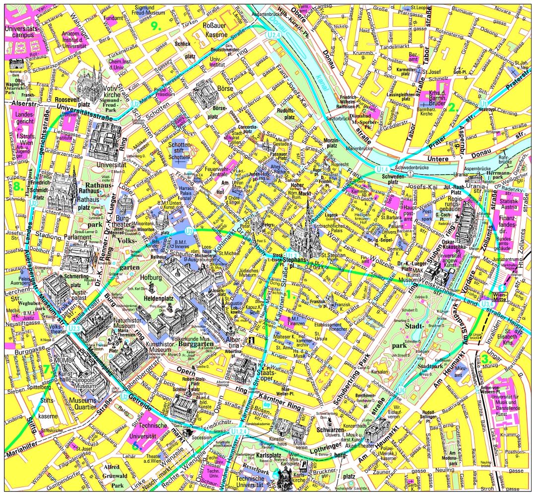 Mapa turístico detallada del centro de la ciudad de Viena