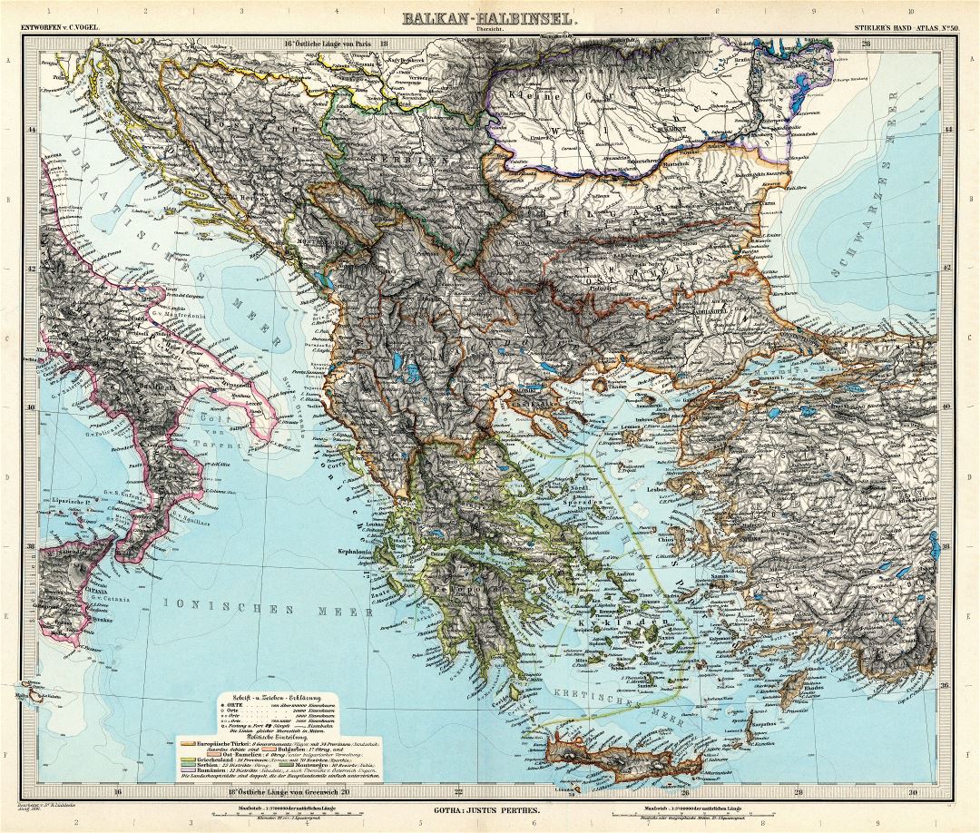 Gran escala viejo mapa de los Balcanes - 1891