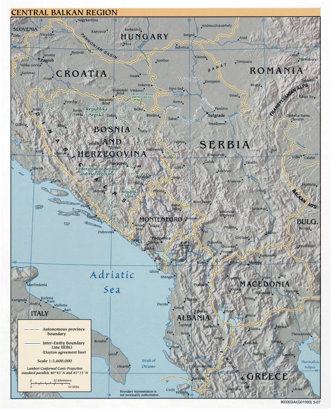 Mapa grande política detallada de la Región Central de los Balcanes con alivio y las principales ciudades - 2007