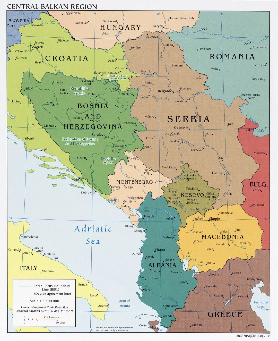 Mapa grande política detallada de la Región Central de los Balcanes con las principales ciudades - 2008