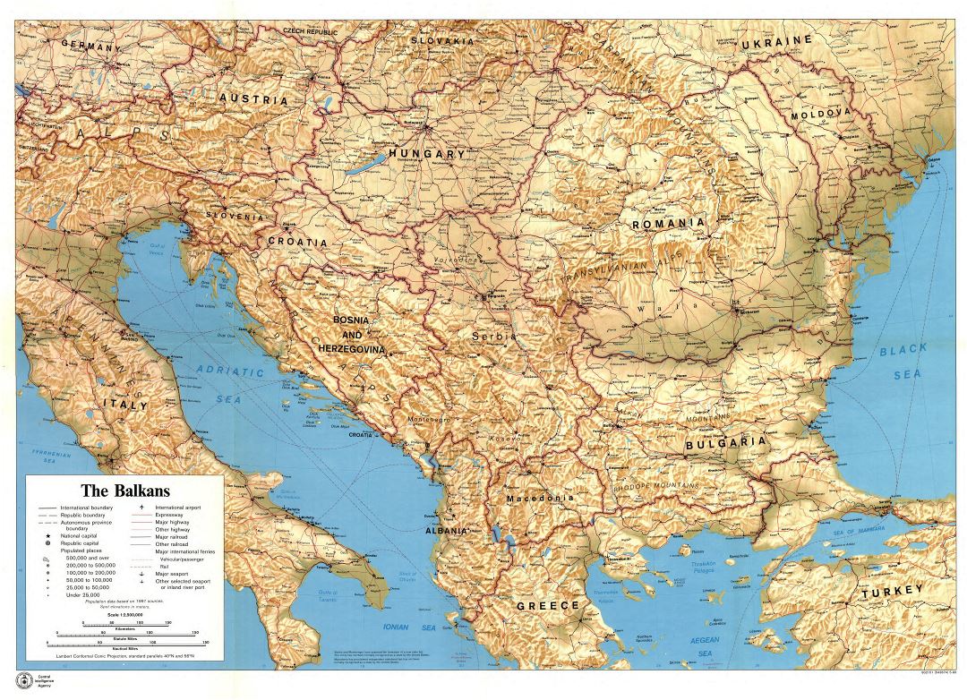 Mapa grande política detallada de los Balcanes con alivio, ciudades, carreteras, ferrocarriles, puertos, aeropuertos y otras marcas - 1993