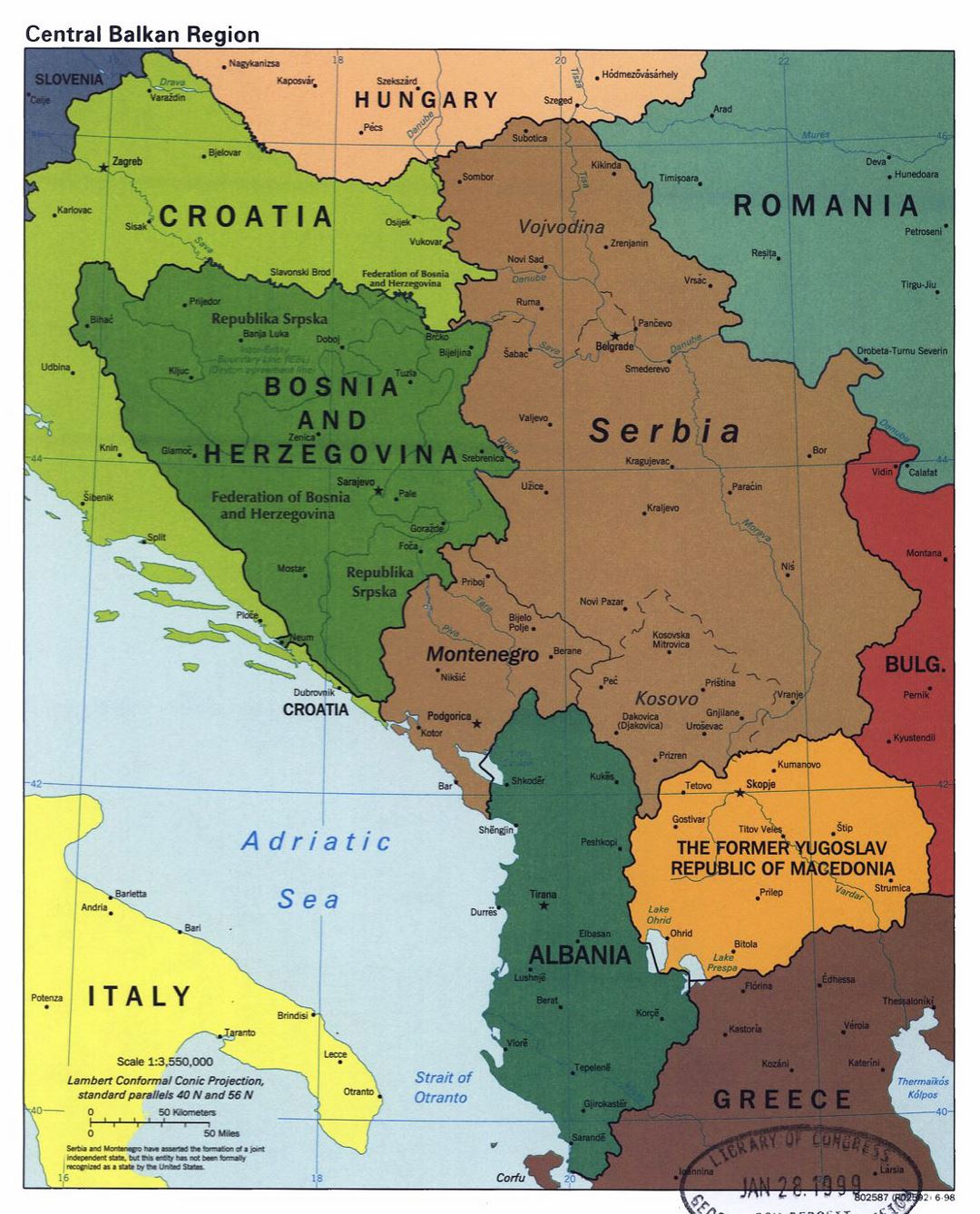 Mapa político detallada de la Región Central de los Balcanes con las principales ciudades - 1998