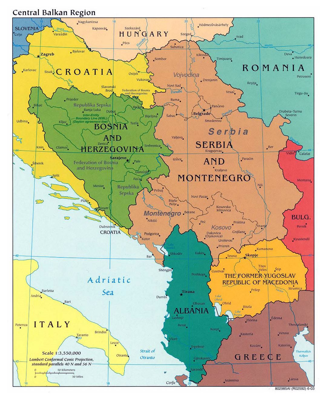 Mapa político detallada de la Región Central de los Balcanes con las principales ciudades - 2003