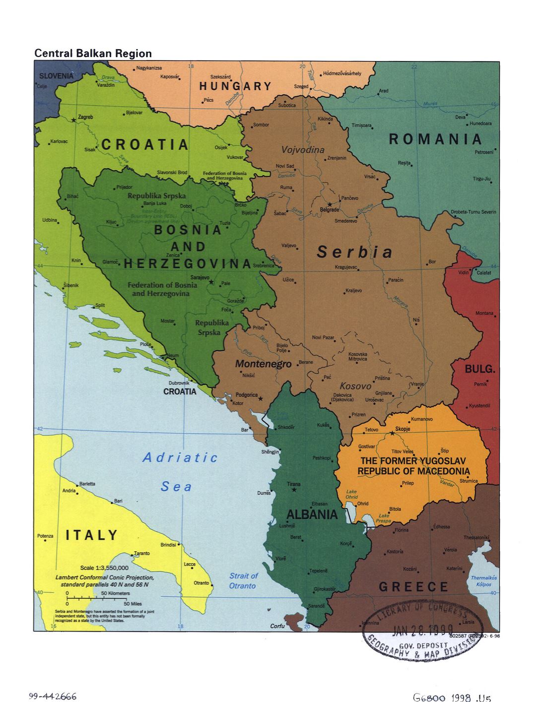 Mapa político grande de la Región Central de los Balcanes con marcas de capitales, grandes ciudades y nombres de los estados - 1998