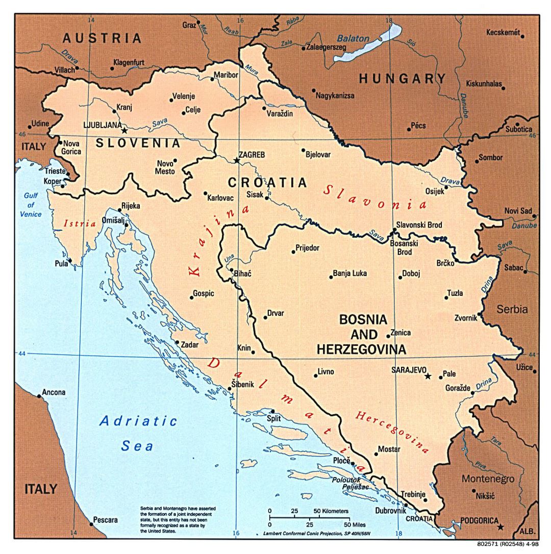 Mapa político grande de los Balcanes Occidentales con las principales ciudades - 1997