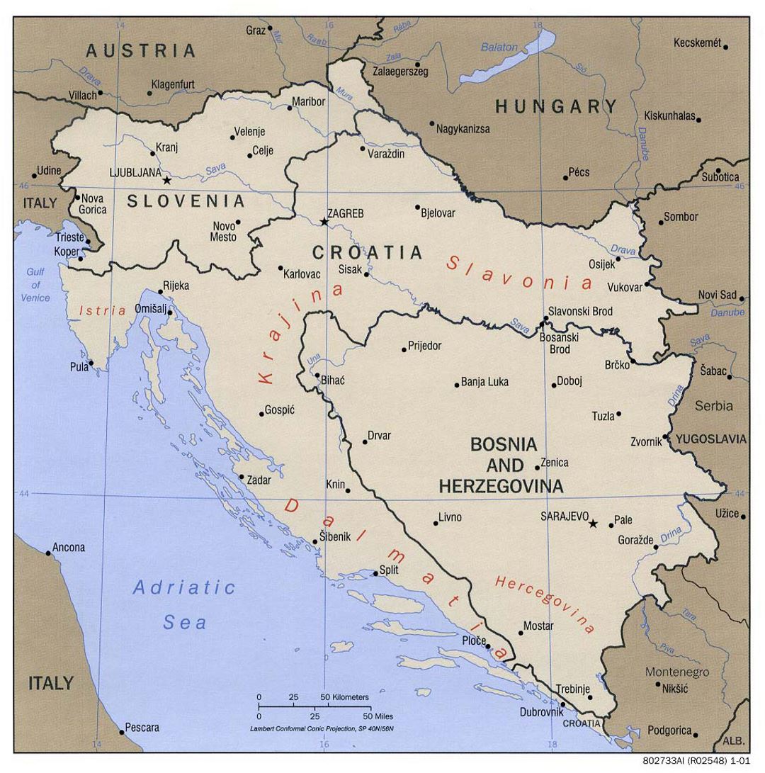 Mapa político grande de los Balcanes Occidentales con las principales ciudades - 2001