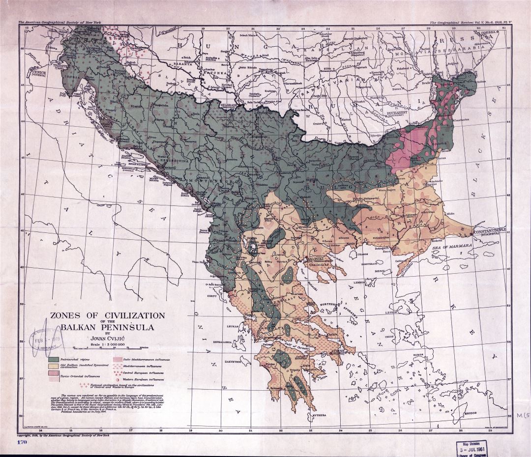 Viejo mapa a gran escala de las zonas de la civilización de la península de los Balcanes - 1918
