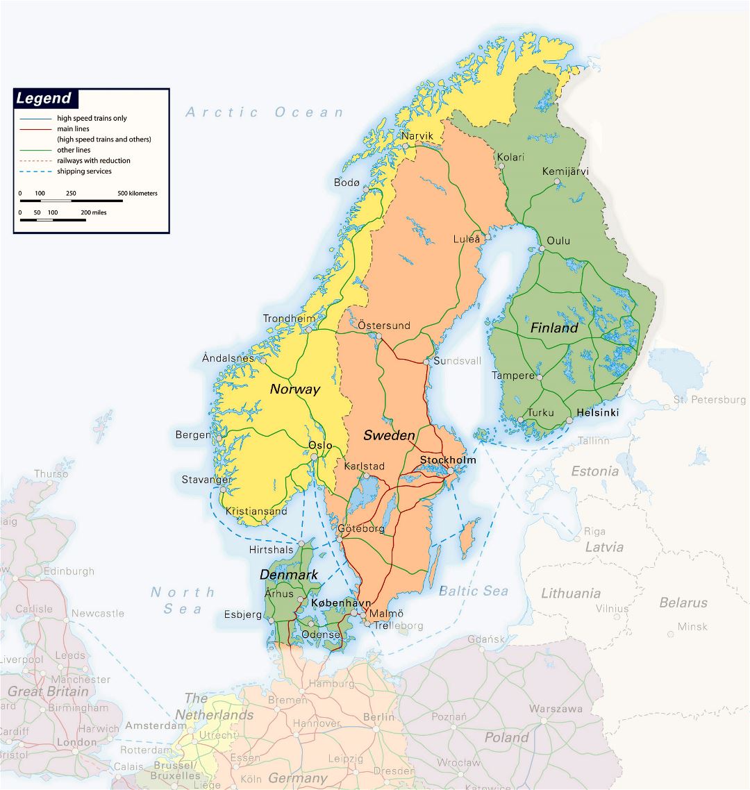 Ampliación de ferrocarriles detalladas mapa de Escandinavia