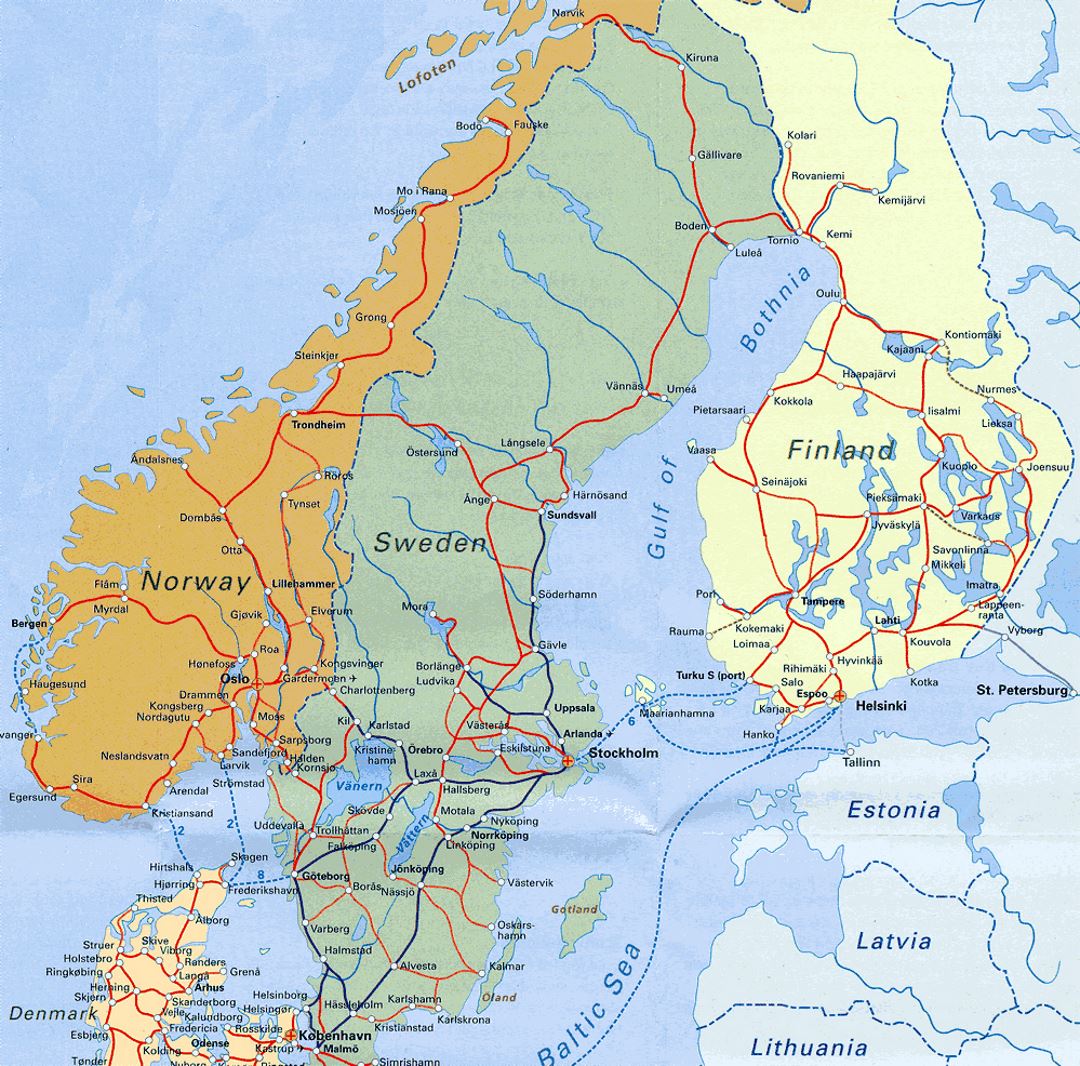 Ferrocarriles mapa detallado de Escandinavia