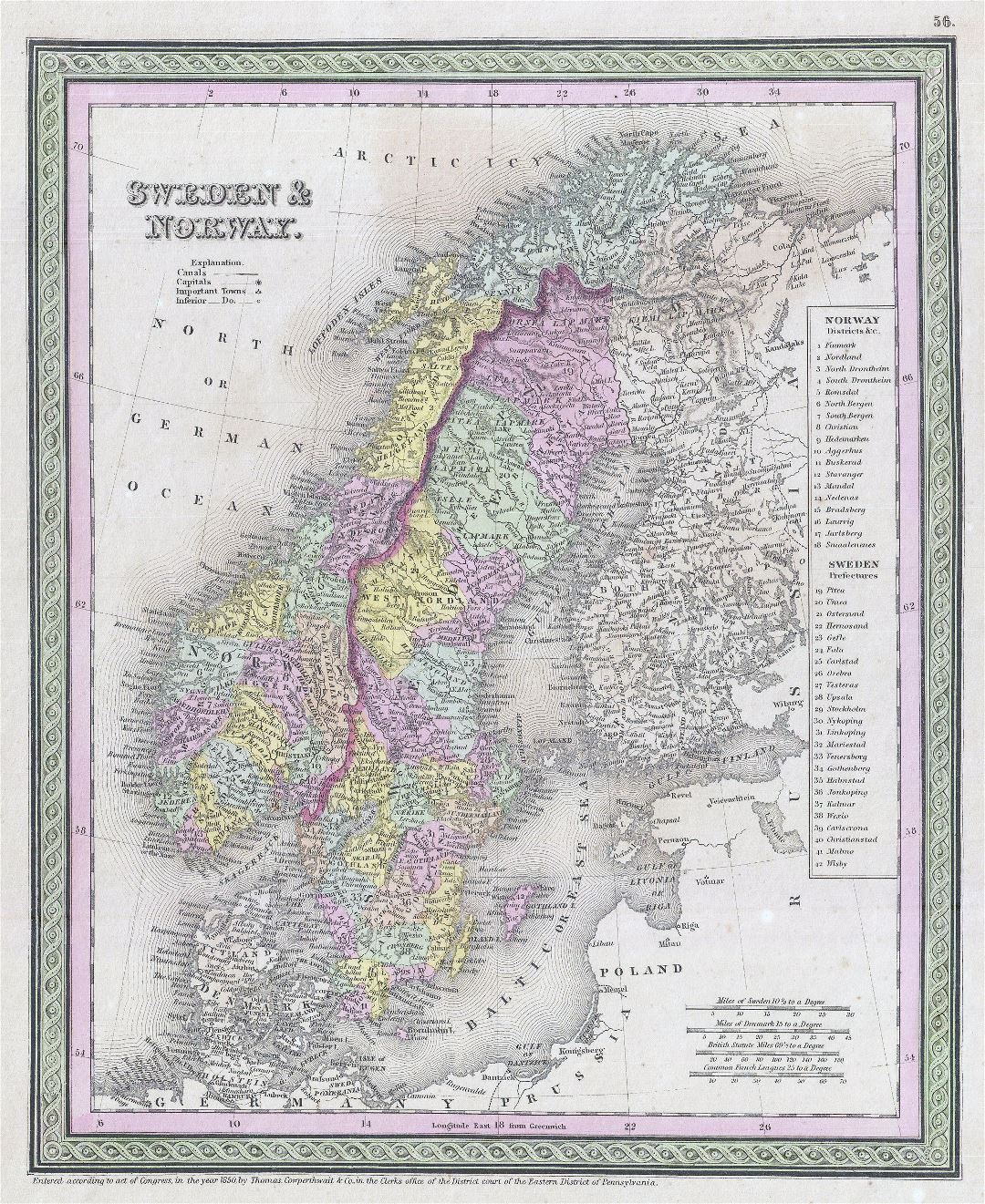 Grande Antiguo mapa político detallado de Suecia y Noruega - 1850