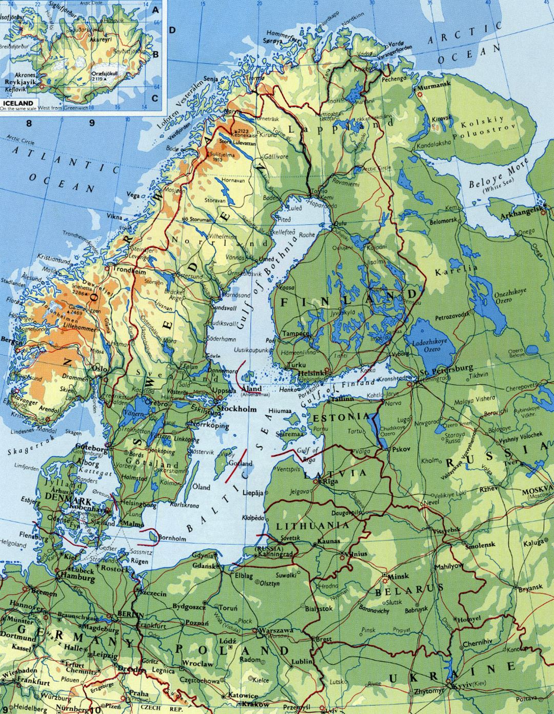 Mapa de elevación detallada de Escandinavia