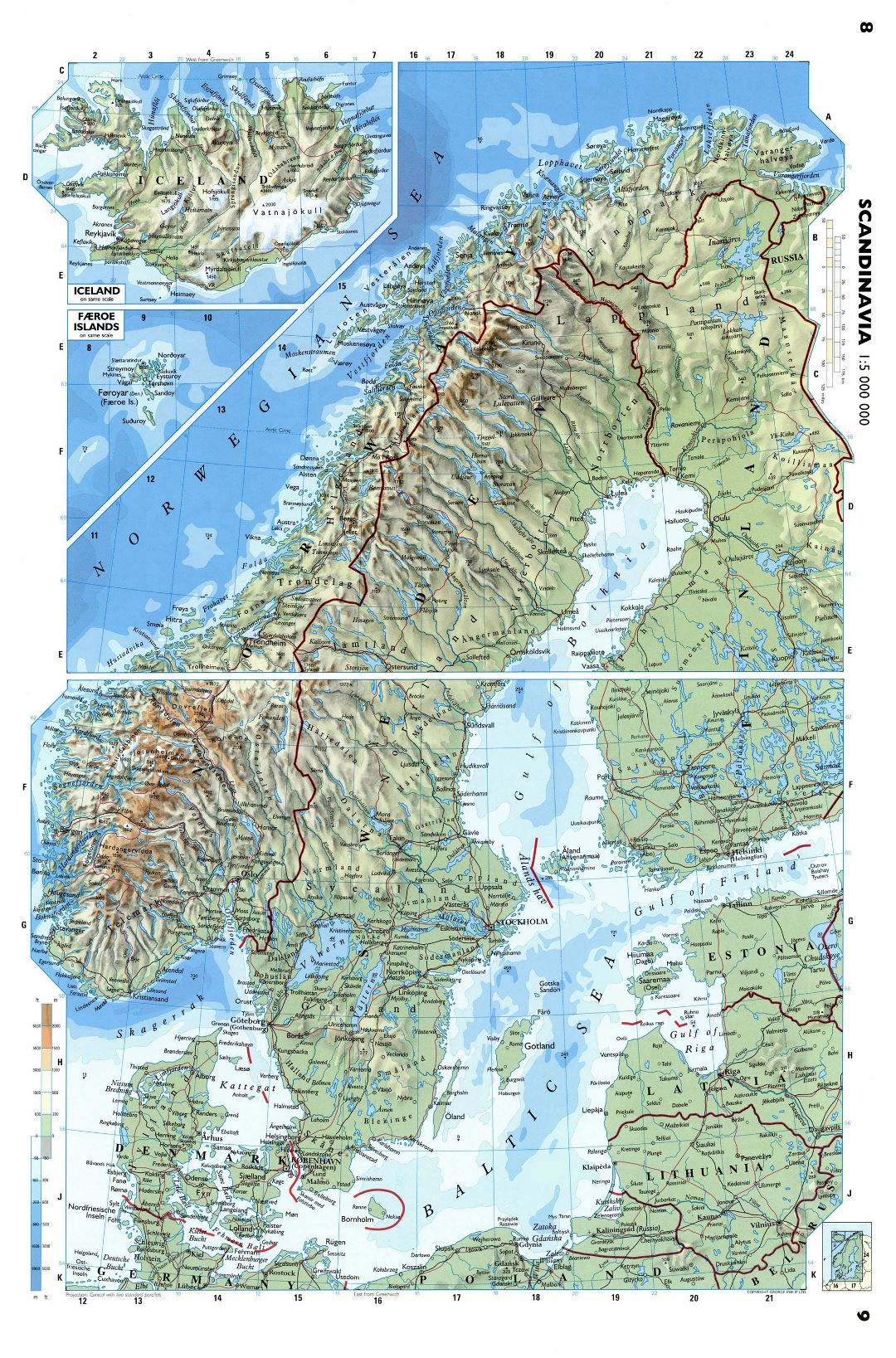 Mapa físico detallado grande de Escandinavia