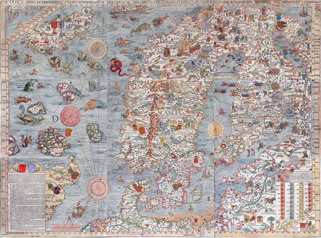 Mapa grande ilustrado antiguo de Escandinavia