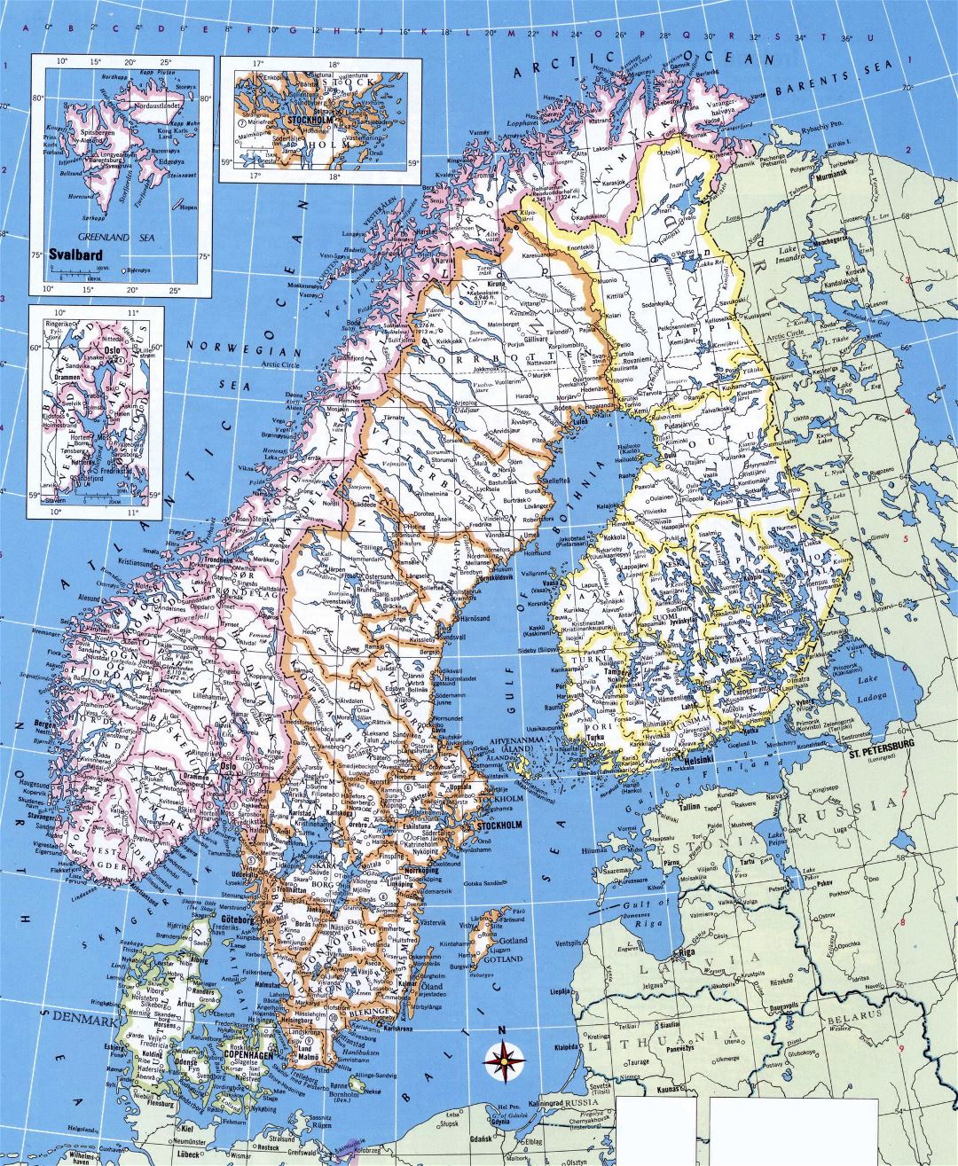 Mapa grande política detallado de Noruega, Suecia, Finlandia y Dinamarca