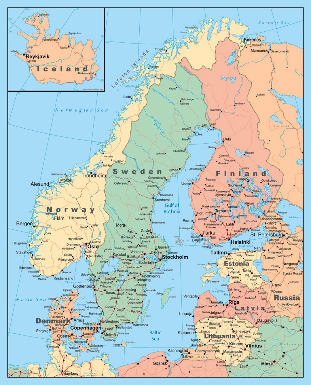 Mapa político detallada de Escandinavia