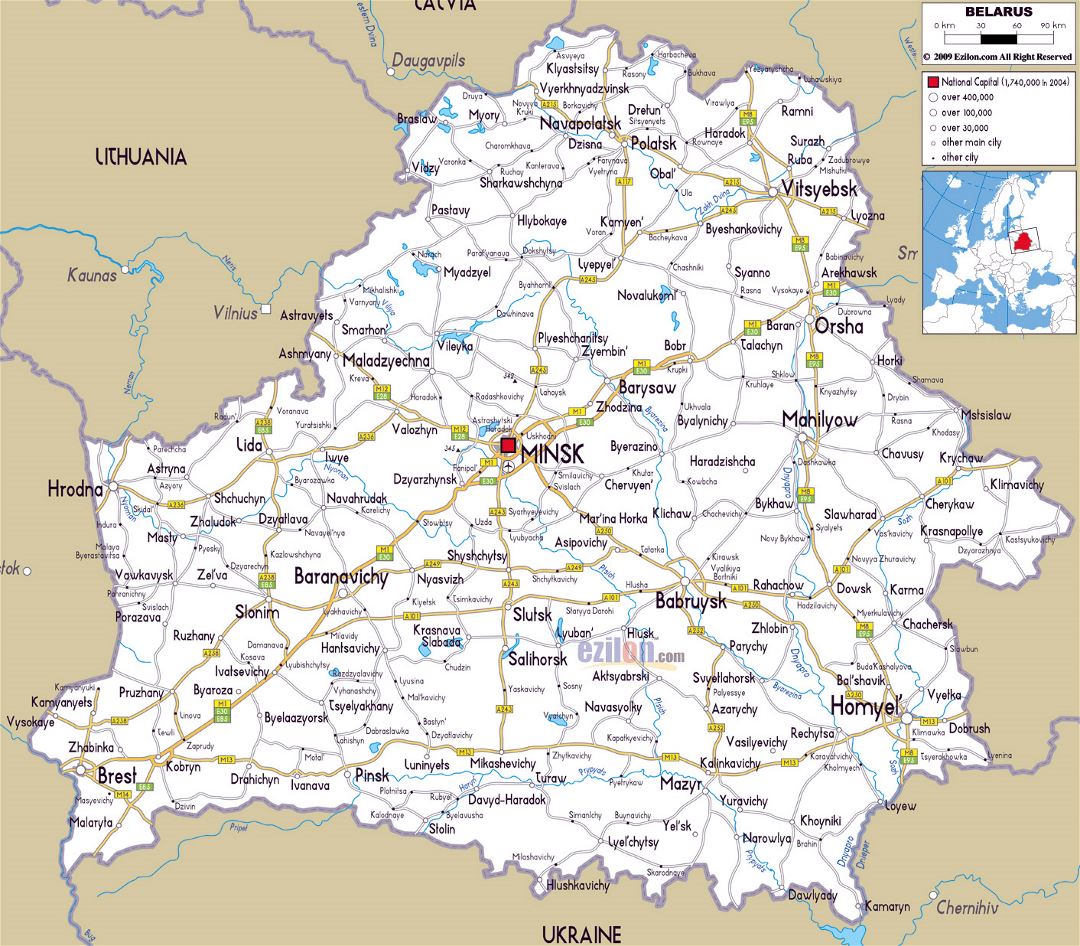 Gran hoja de ruta de Belarús con las ciudades y aeropuertos