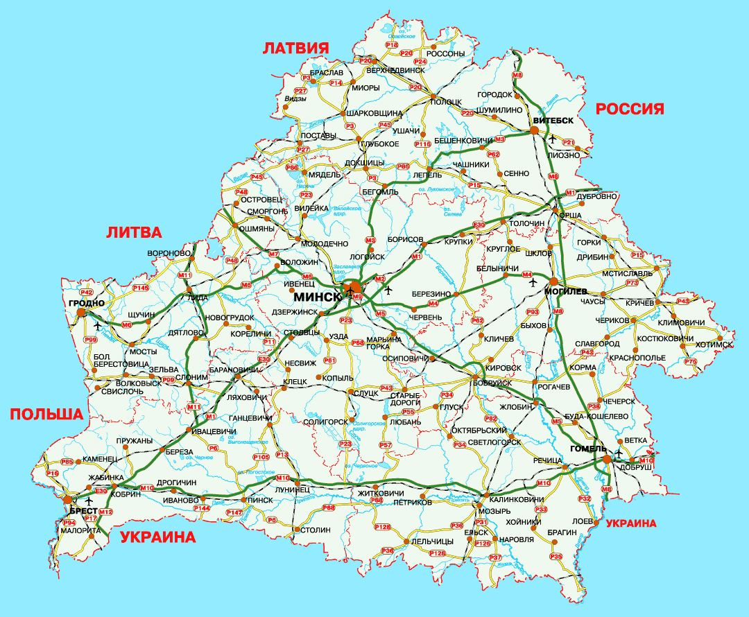 Gran hoja de ruta detallada de Belarús con las ciudades y aeropuertos en ruso