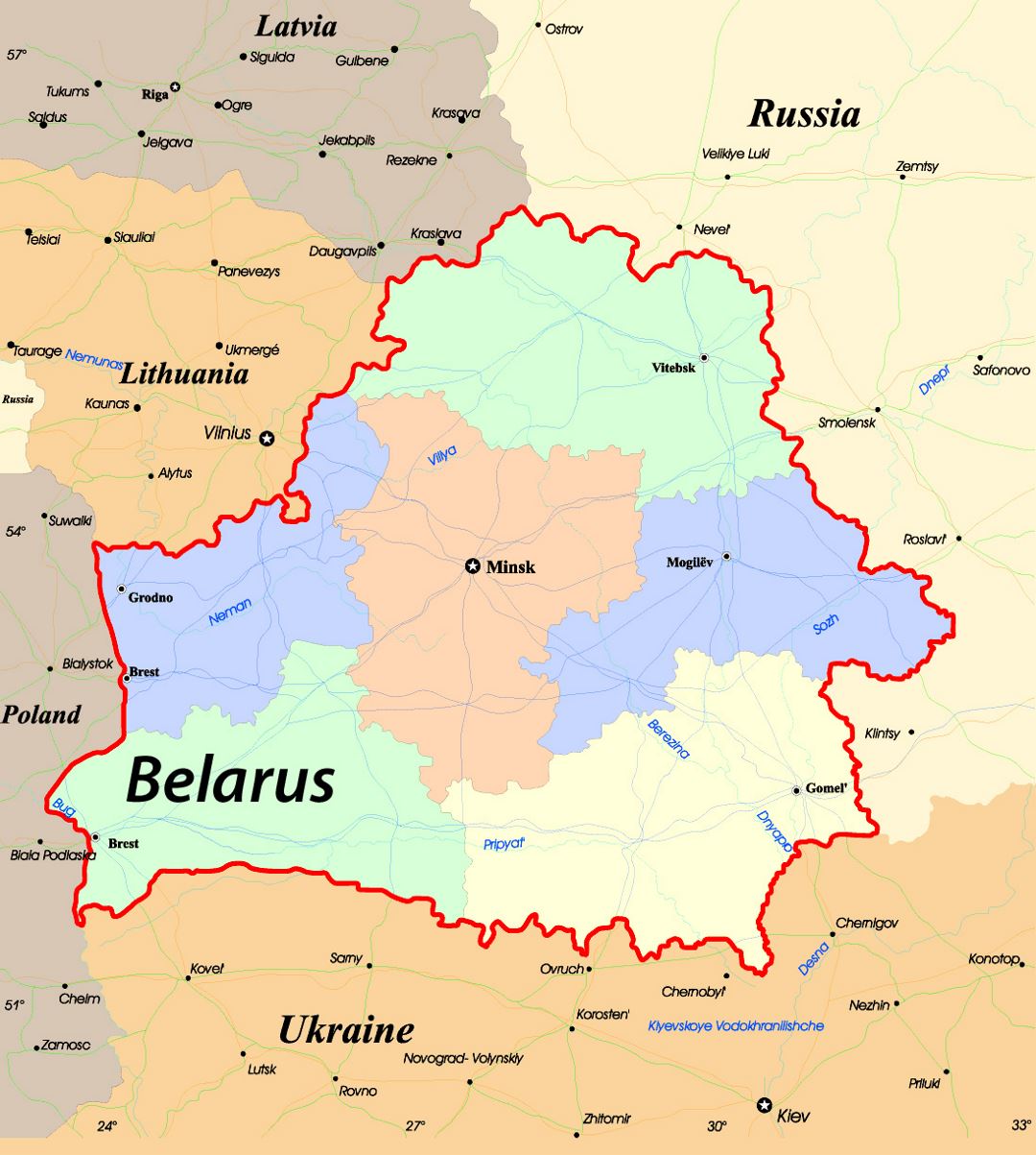 Mapa administrativo detallado de Bielorrusia con corredores internacionales