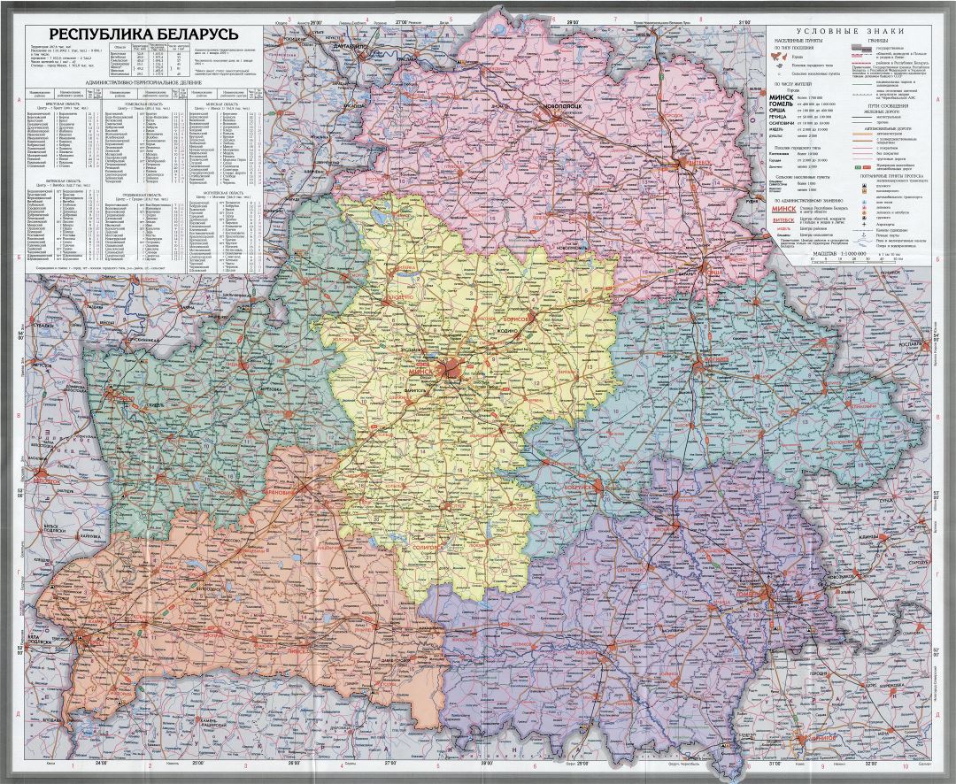 Mapa político y administrativo a gran escala de Bielorrusia con carreteras y todas las ciudades en ruso
