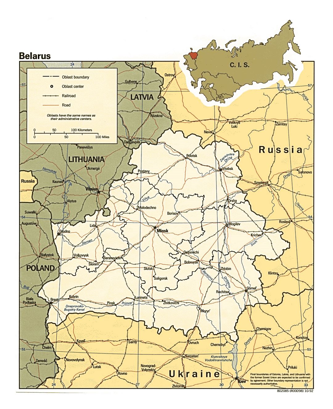 Mapa político y administrativo grande de Bielorrusia - 1992