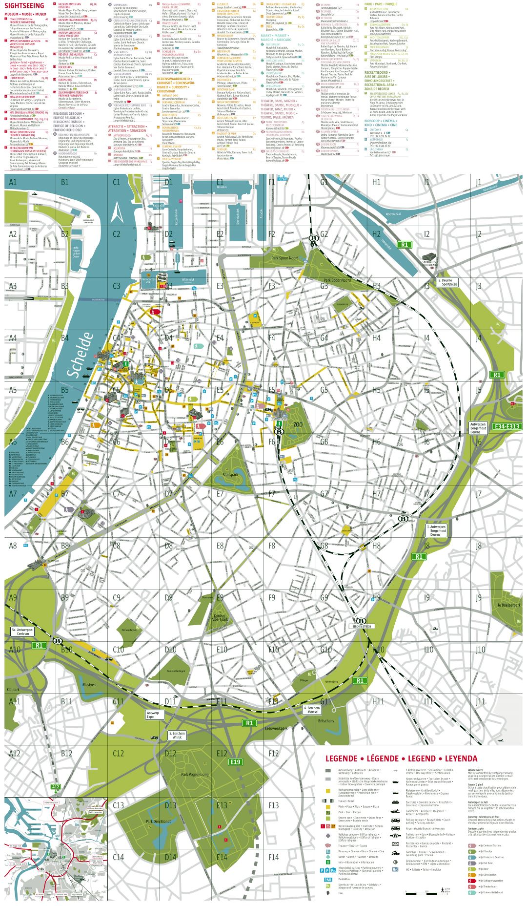 Ampliación de la escala del mapa de la ciudad turística detallada Antwerpen