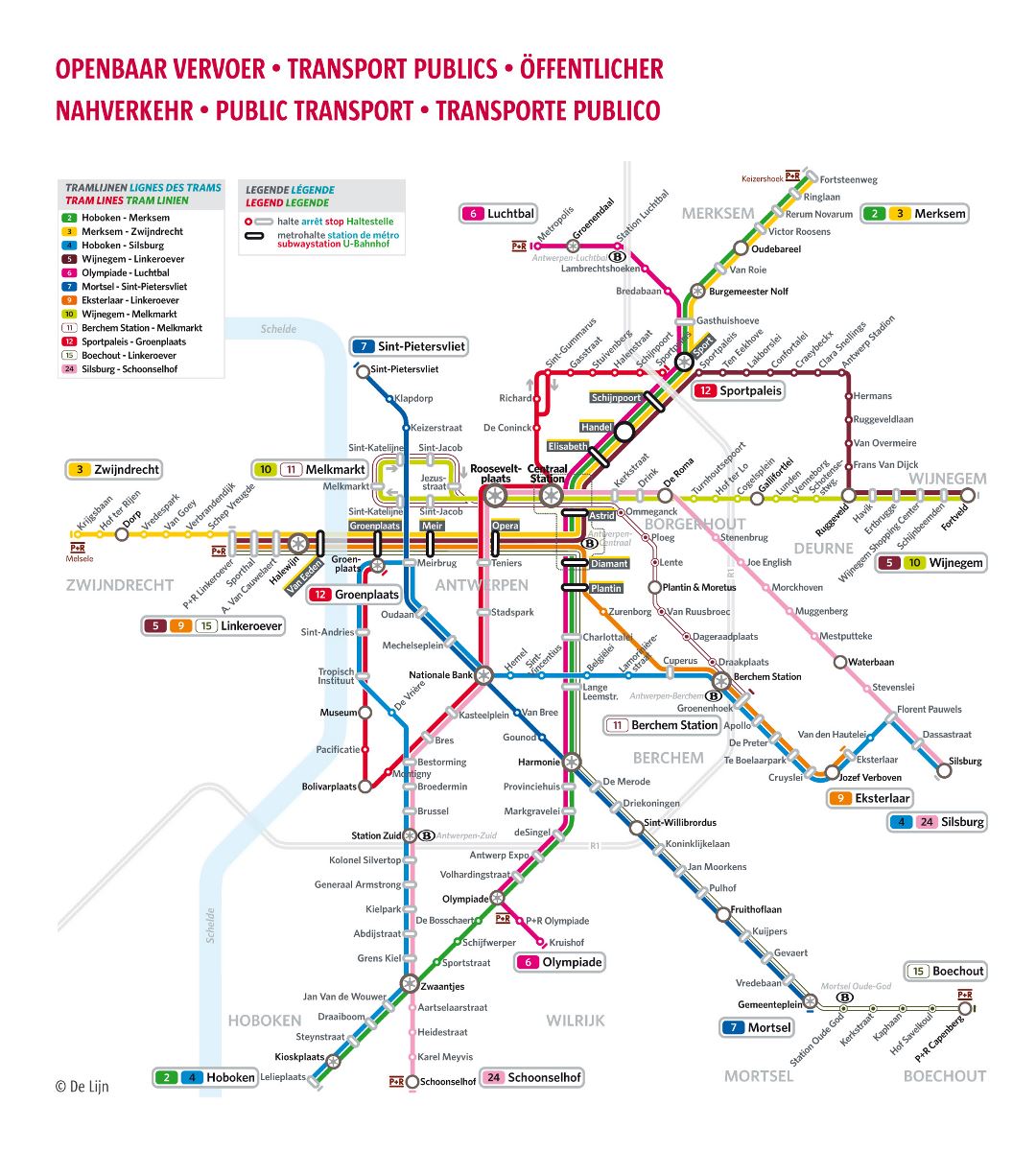 Mapa grande transporte público detallado de la ciudad de Amberes