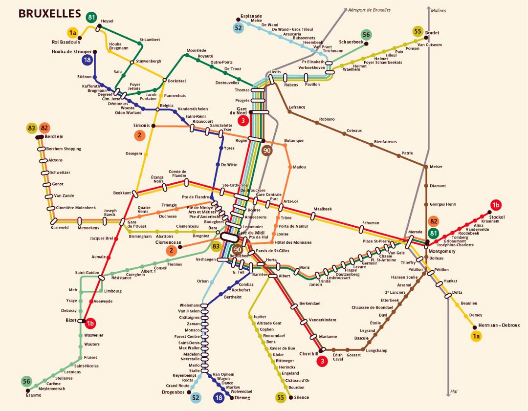 Mapa grande de metro detallado de la ciudad de Bruselas