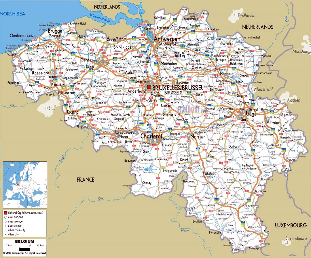 Gran hoja de ruta de Bélgica con las ciudades y aeropuertos