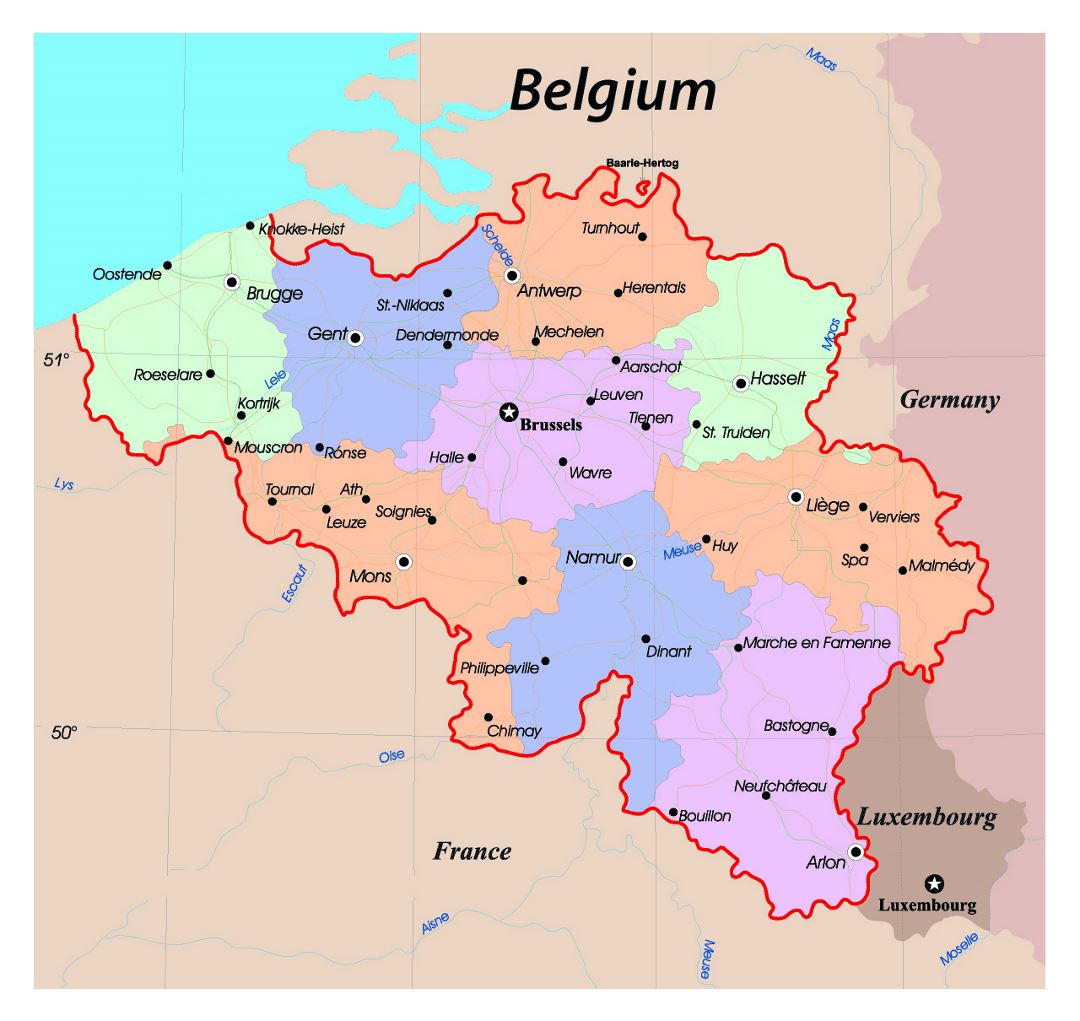 Mapa administrativo detallado de Bélgica con las principales ciudades y carreteras