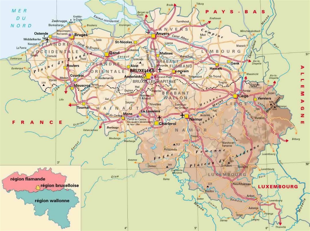 Mapa de elevación detallada de Bélgica con carreteras, ciudades y aeropuertos