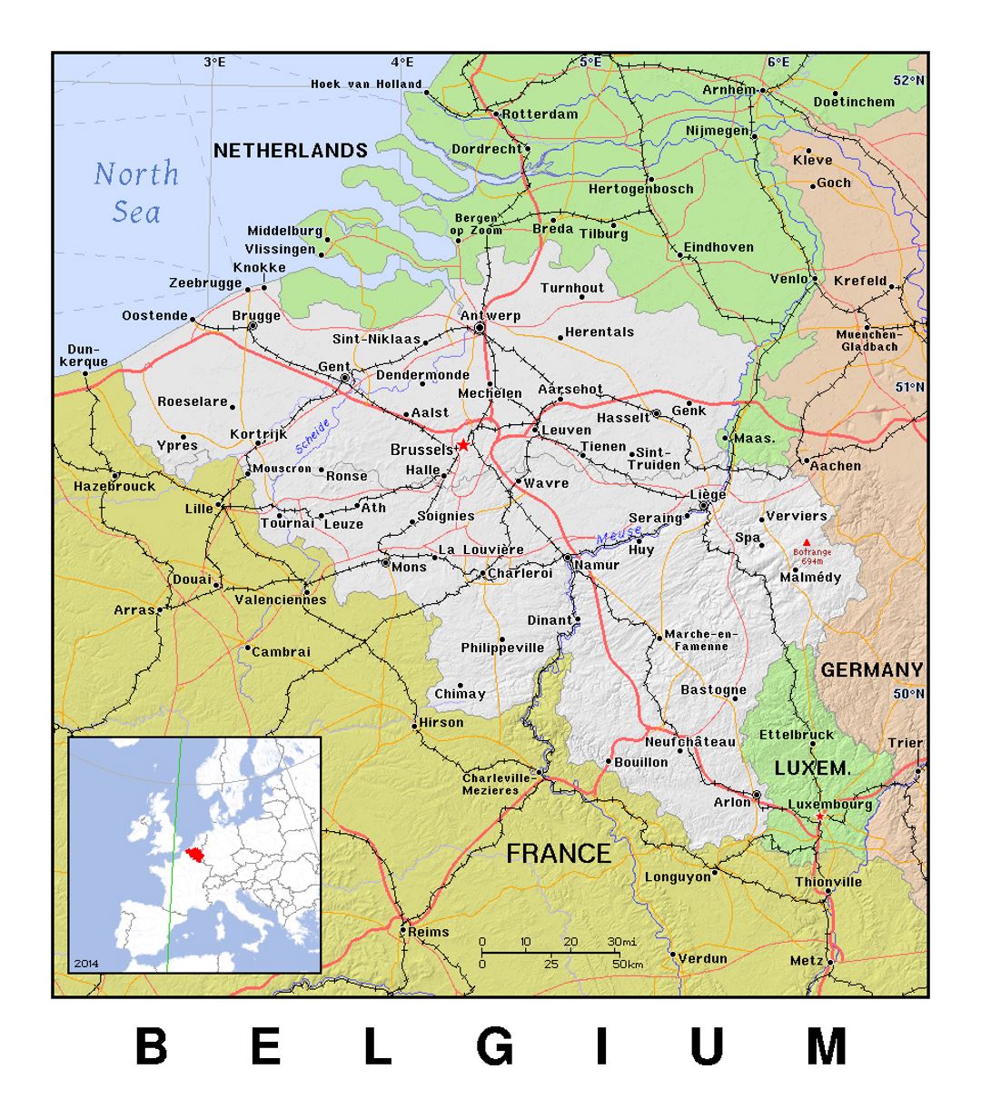 Mapa político de Bélgica detallada de alivio