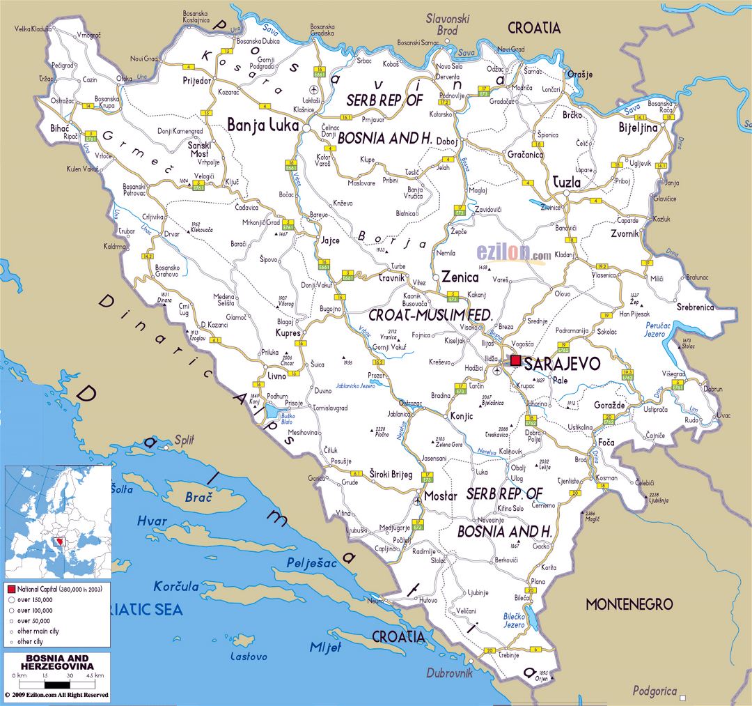 Gran hoja de ruta de Bosnia y Herzegovina con las ciudades y aeropuertos