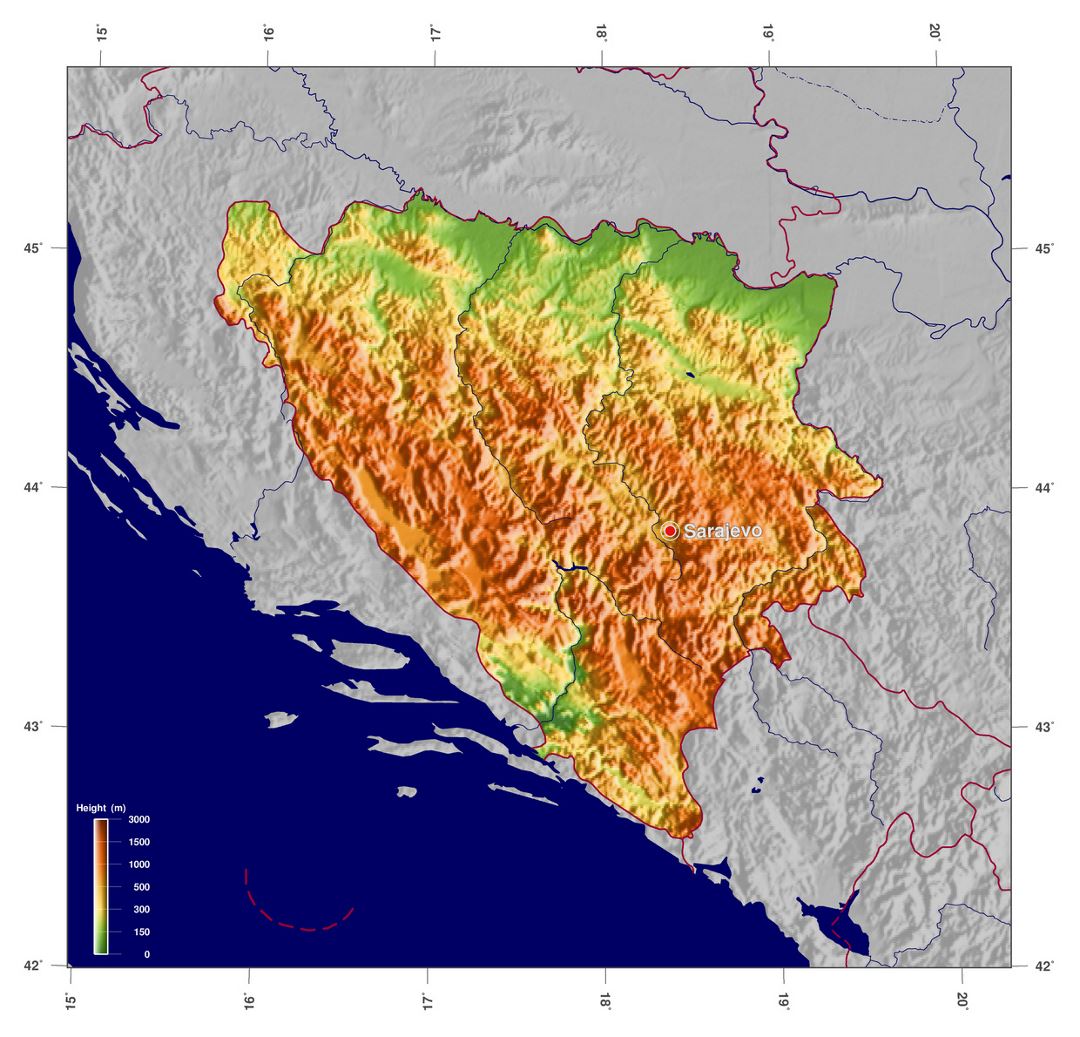 Mapa de elevación grande de Bosnia y Herzegovina