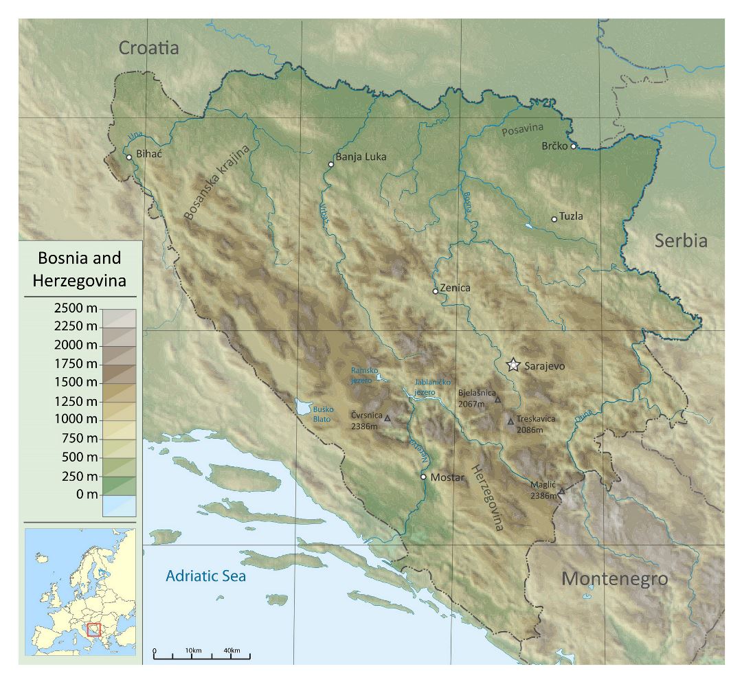 Mapa físico grande de Bosnia y Herzegovina