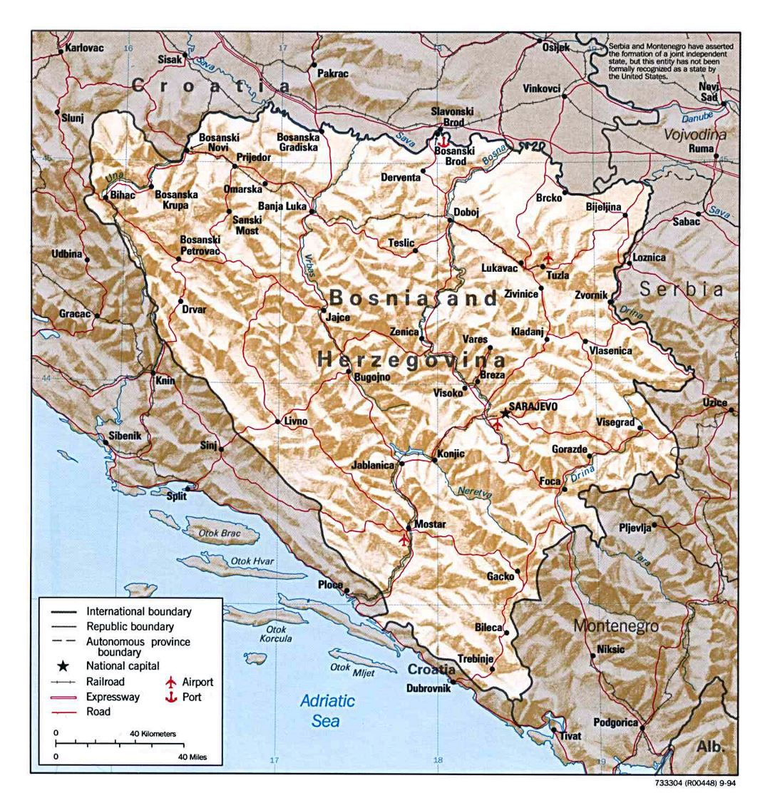 Mapa grande detallada política de Bosnia y Herzegovina con alivio, las carreteras, las principales ciudades y aeropuertos - 1994