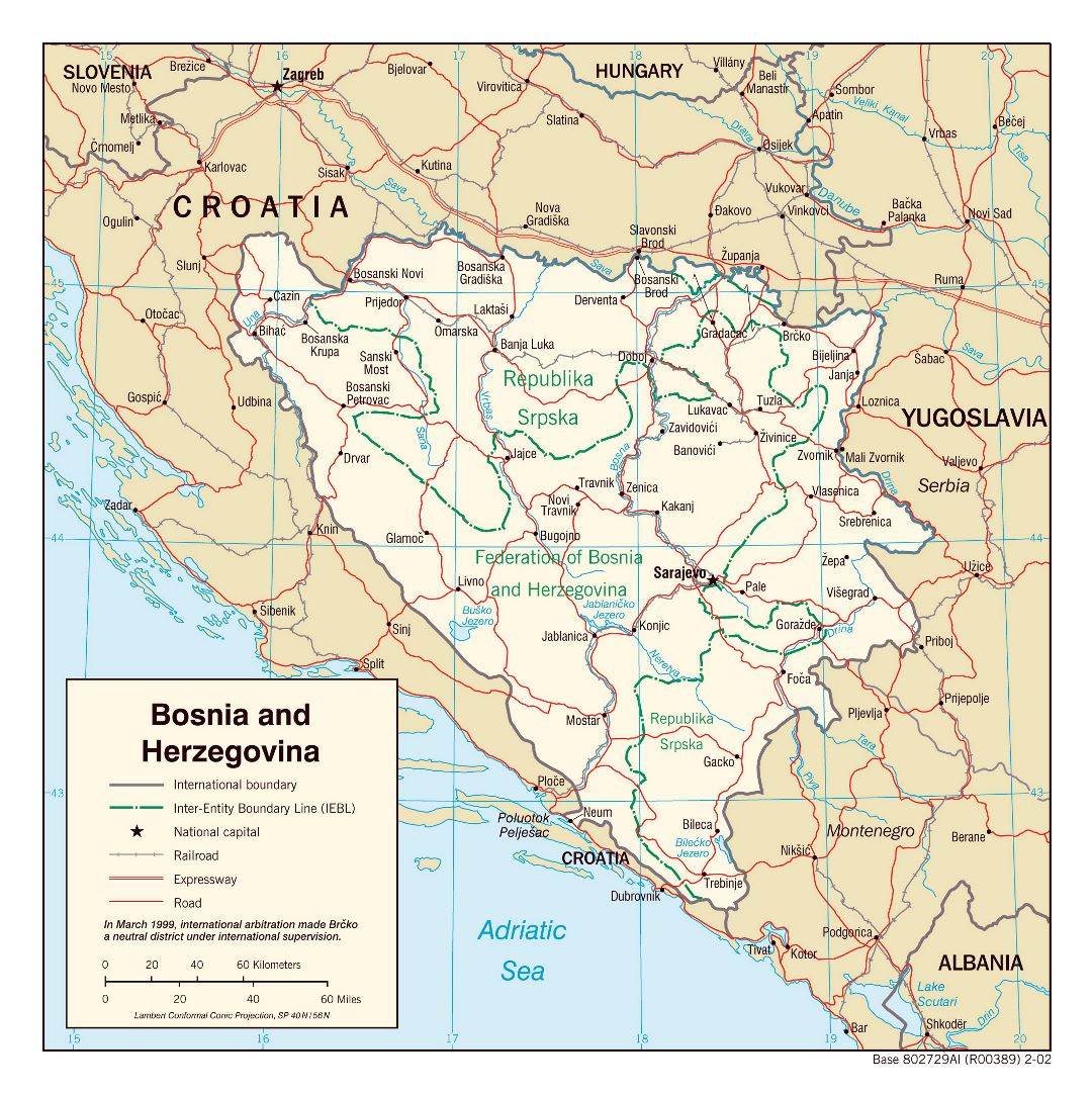 Mapa grande detallada política y administrativa de Bosnia y Herzegovina con los caminos y ciudades - 2002