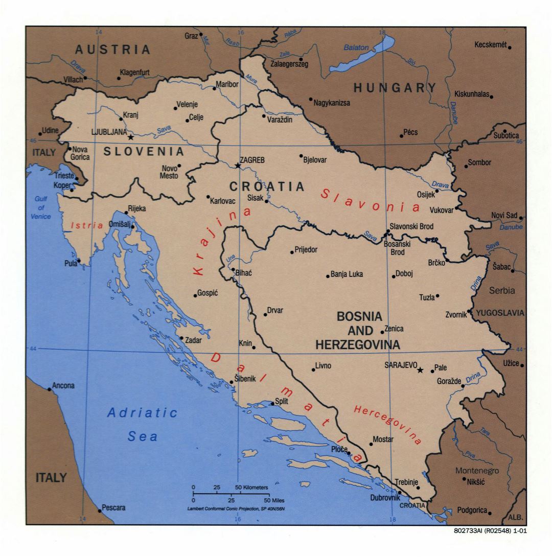 Mapa grande política detallada de Eslovenia, Croacia y Bosnia y Herzegovina con las principales ciudades