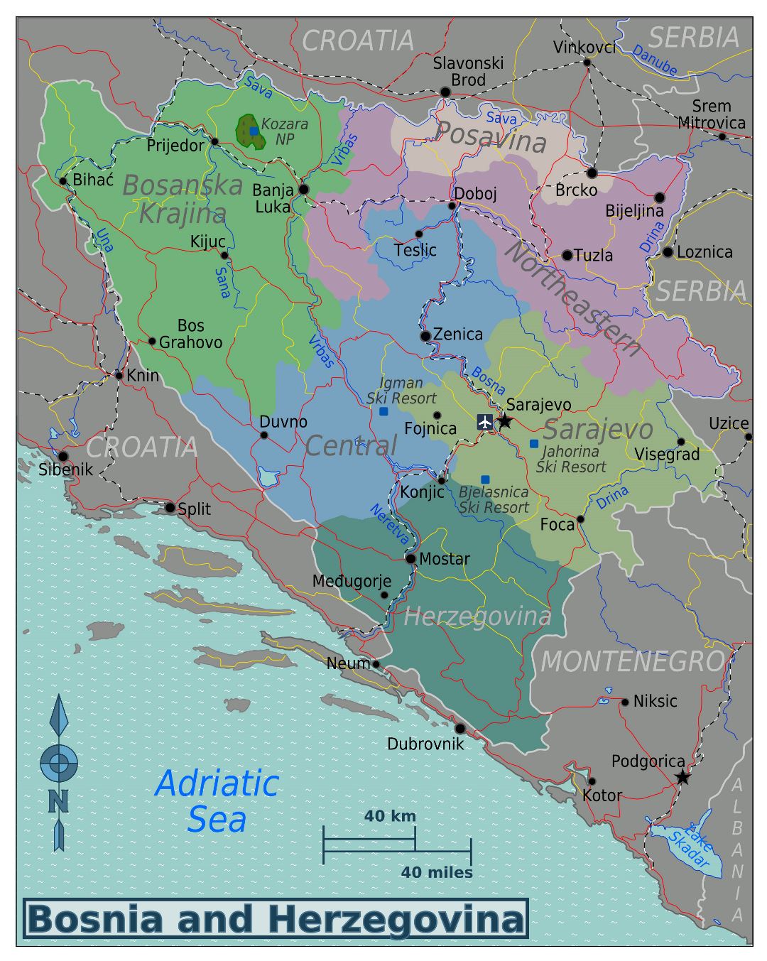 Mapa grande regiones de Bosnia y Herzegovina