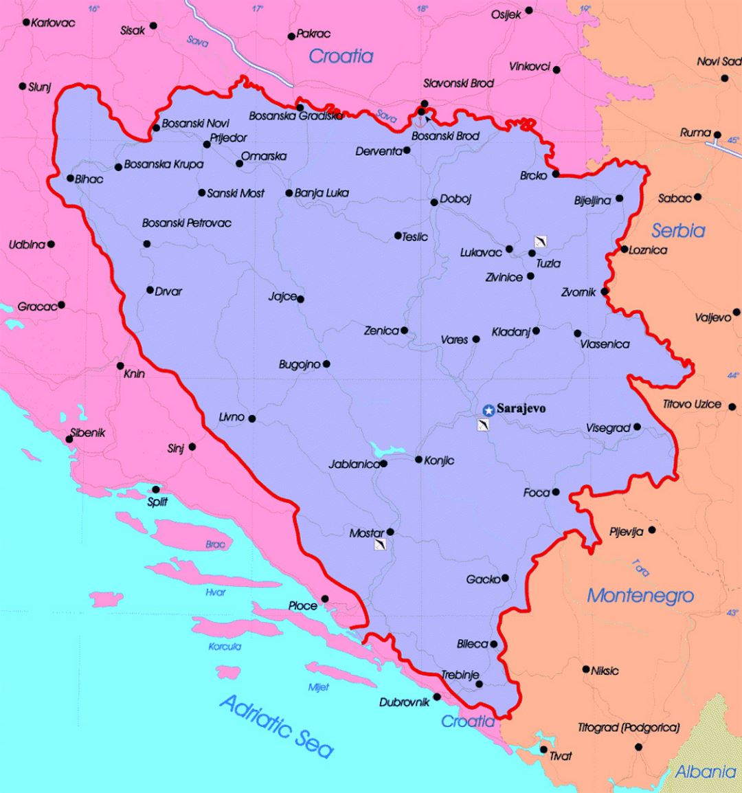 Mapa político detallada de Bosnia y Herzegovina con las principales ciudades y aeropuertos