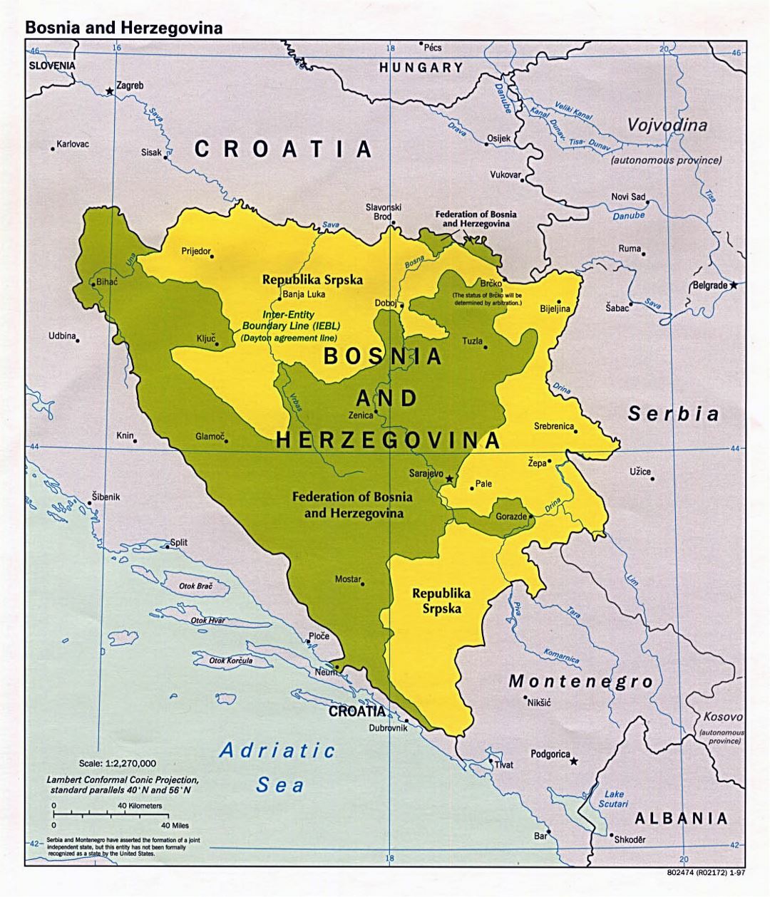 Mapa político grande de Bosnia y Herzegovina - 1997