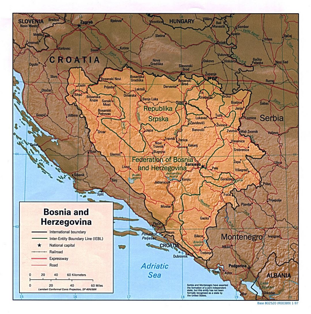 Mapa político grande de Bosnia y Herzegovina con alivio - 1997