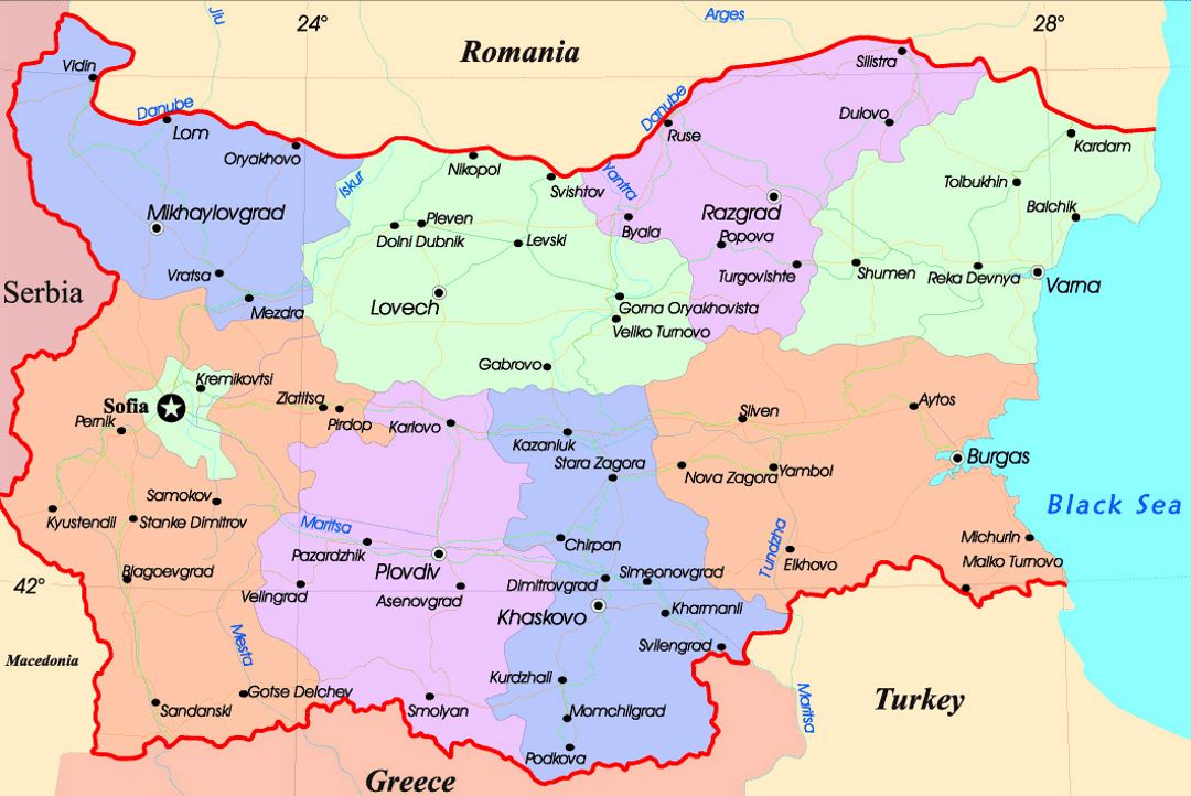 Mapa administrativo detallada de Bulgaria con las carreteras y ciudades principales