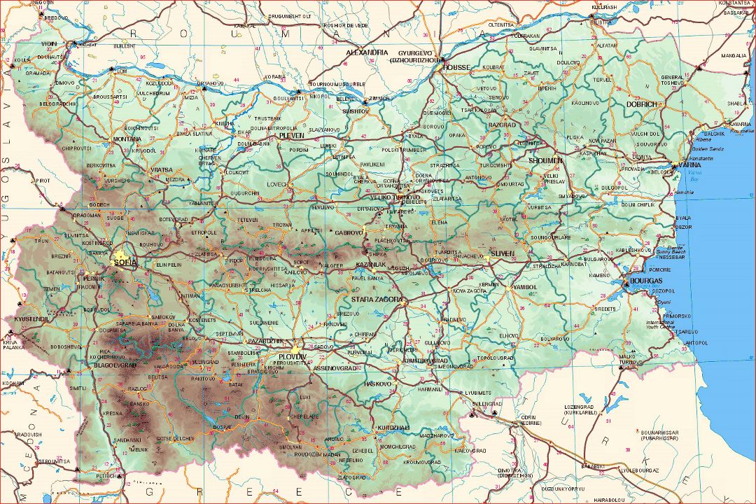 Mapa de elevación detallada de Bulgaria con los caminos
