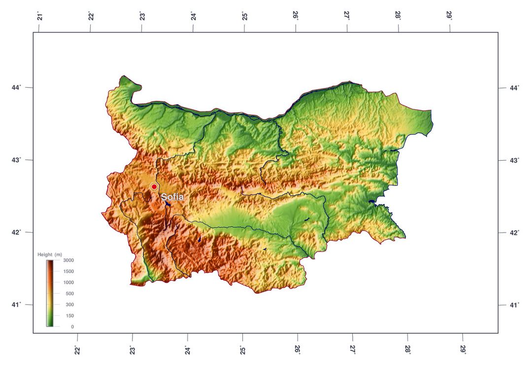 Mapa de elevación grande de Bulgaria