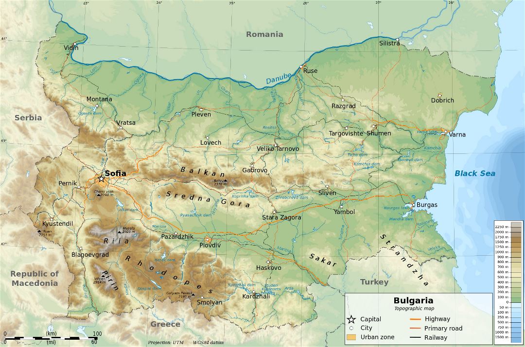 Mapa físico grande de Bulgaria