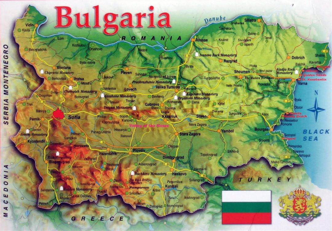 Mapa grande de Bulgaria con alivio, caminos y ciudades